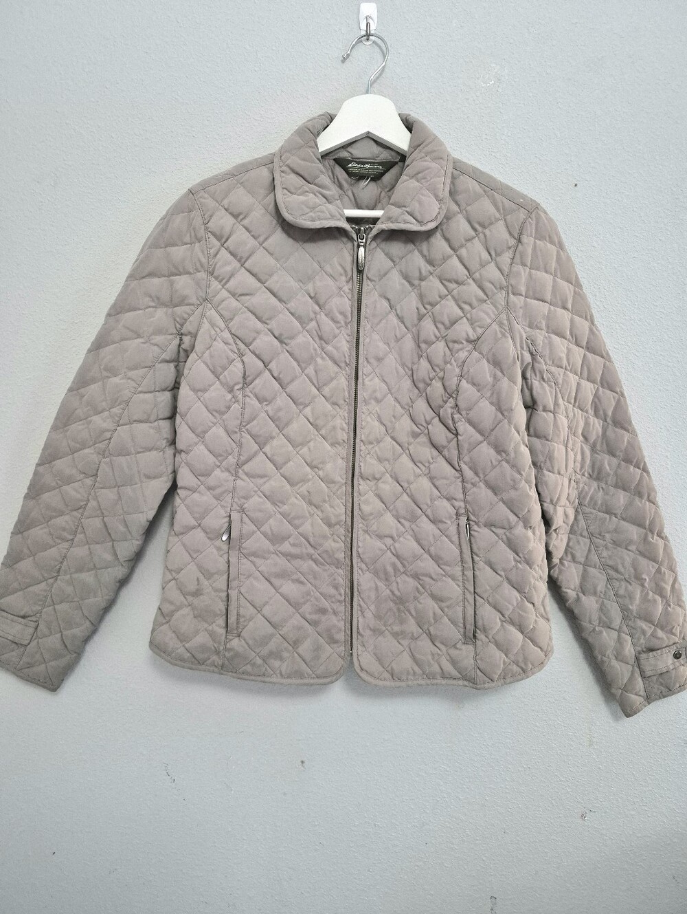 Eddie Bauer Down 650 Filled Diamond Quilted Full Zip Taupe Jacket Women Large